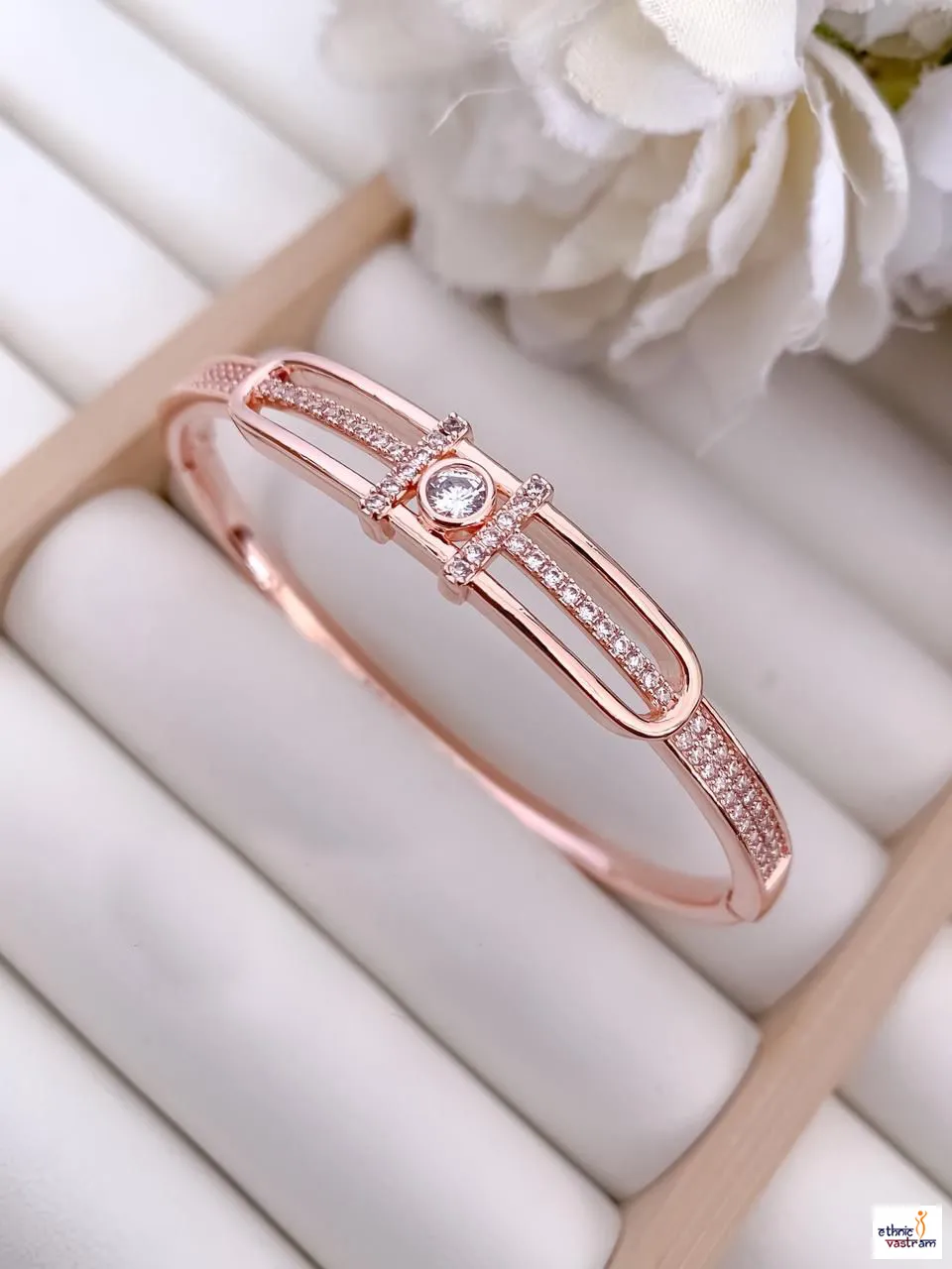 Rose Gold-Plated American Diamond Designer Kada Bracelet