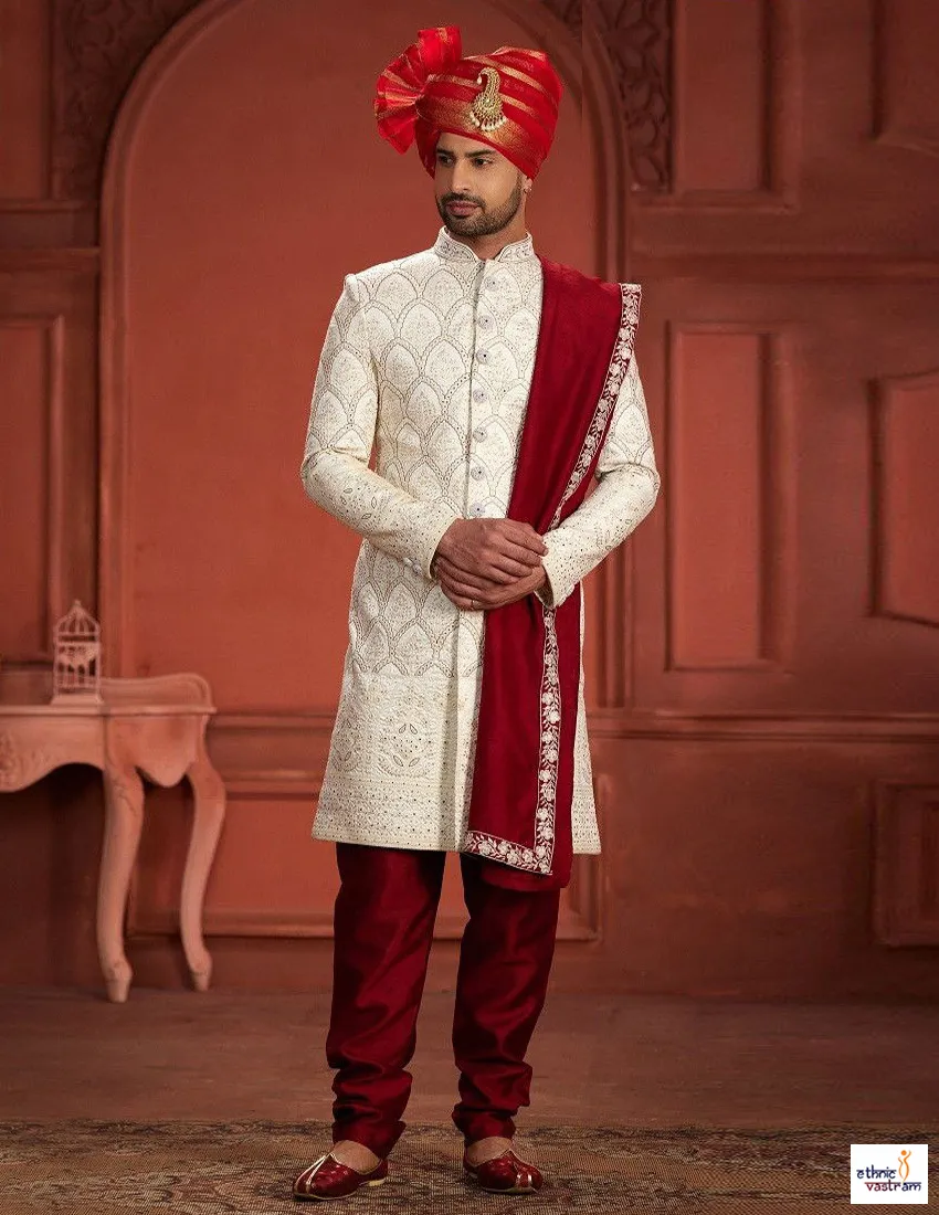 Royal Off-White Silk Sherwani Set With Maroon Dupatta & Safa