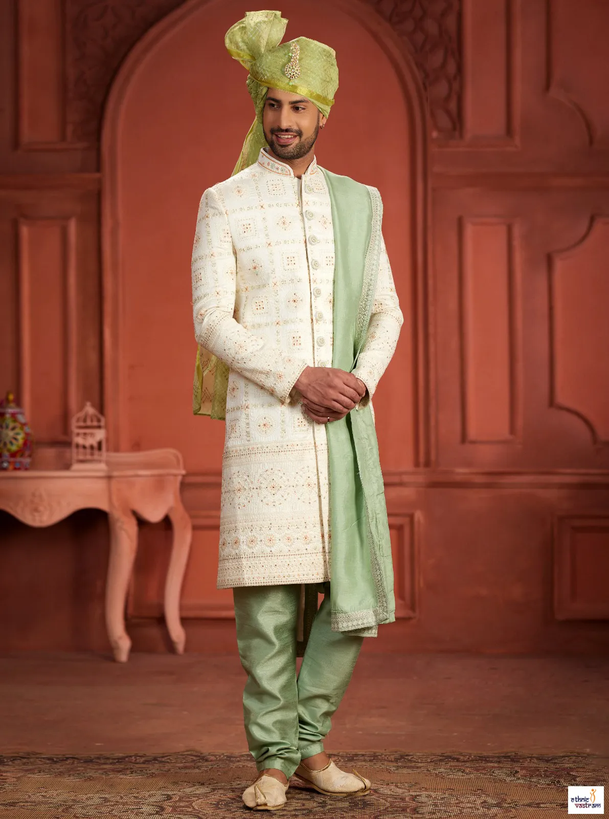Royal Off-White Silk Sherwani Set With Mint Green Dupatta & Safa