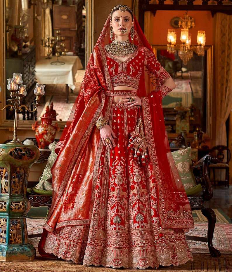 Royal Red Bridal Silk Pearl Embroidered Wedding Wear Readymade Lehenga
