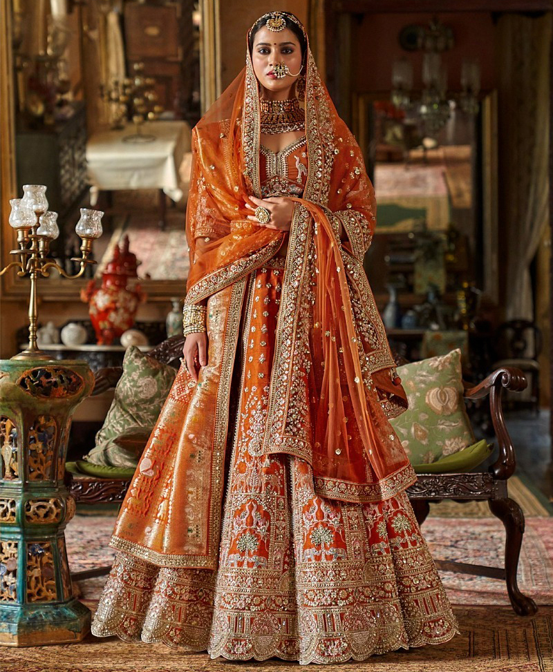 Royal Rust Orange Bridal Silk Heavy Zari Readymade Lehenga