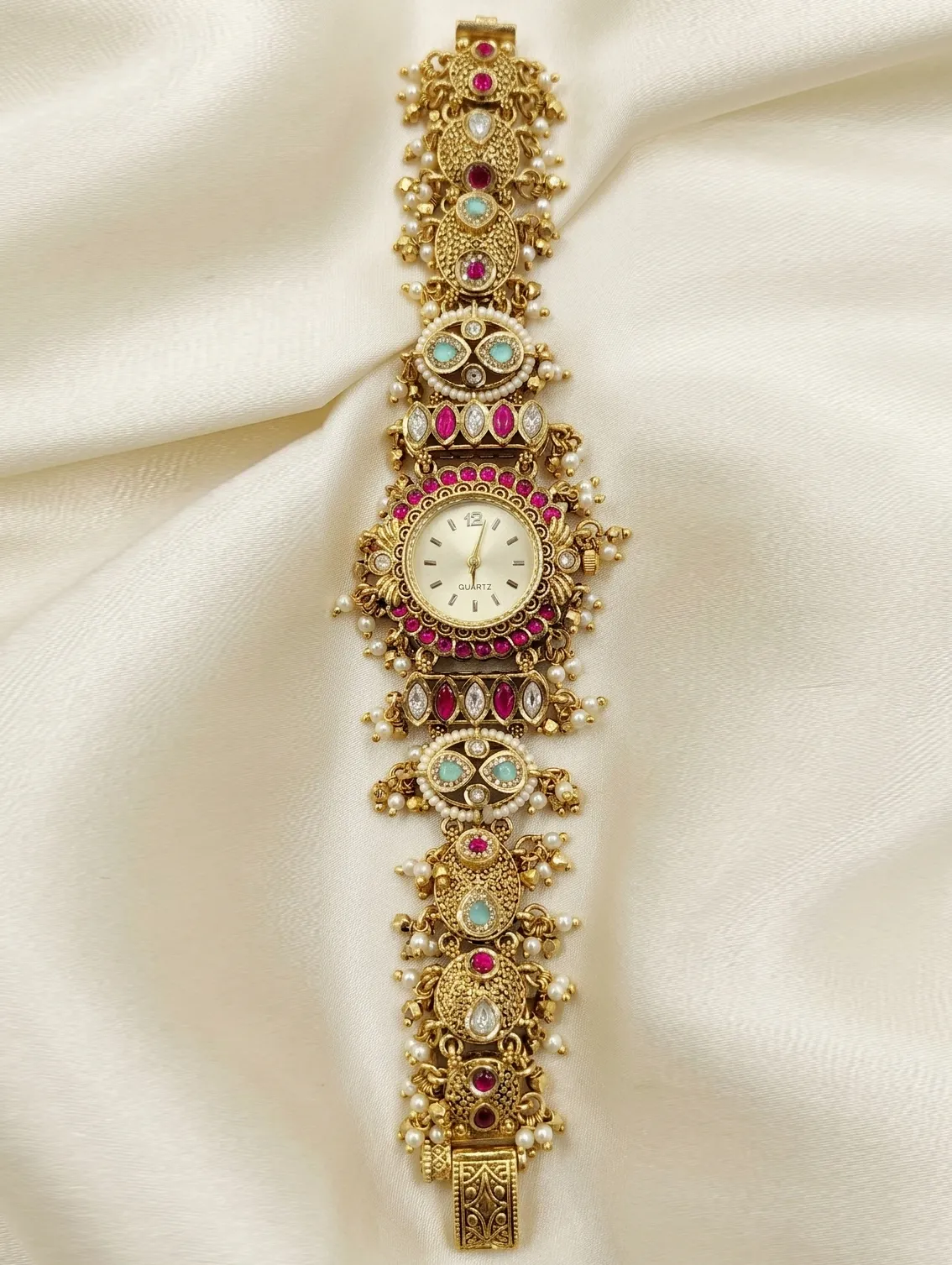 Ruby, Emerald & Kundan-Style Stones Pearl Ghungroo Bracelet Watch