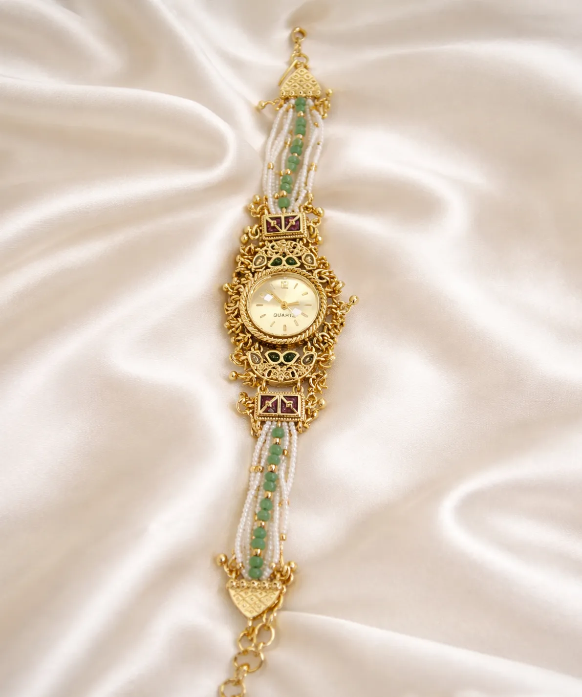 Ruby Pearl & Green Beaded Filigree Bracelet Watch