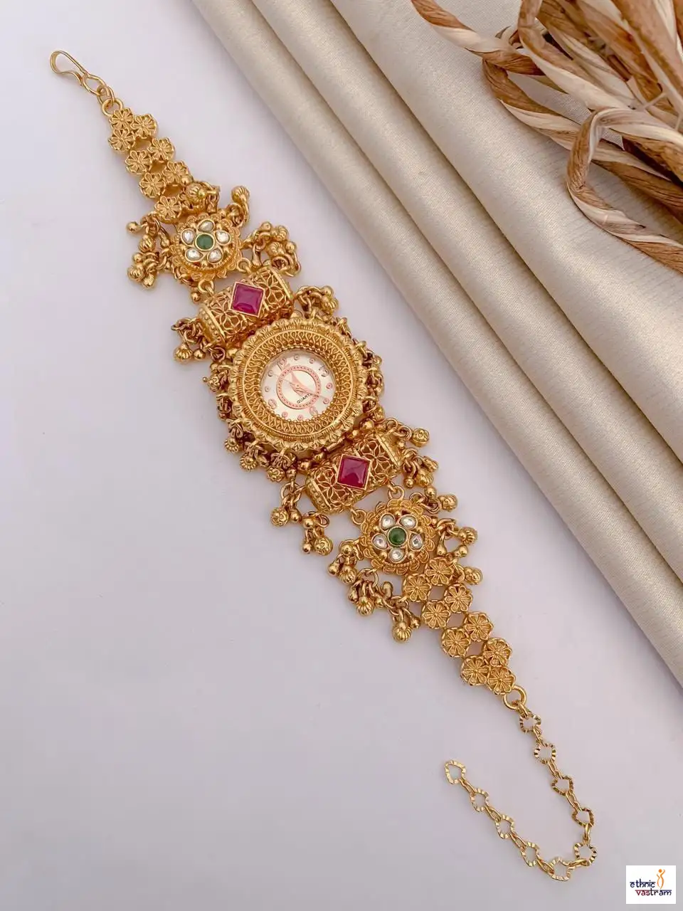 Ruby Pink & Emerald Stone Floral Filigree Traditional Bridal Watch