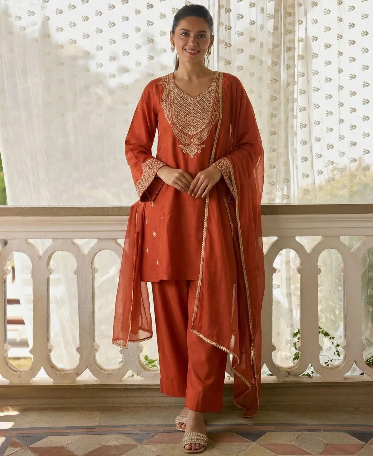 Rust Cotton Silk A-Line Embroidered Readymade Suit