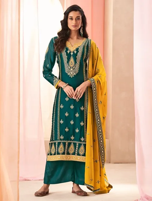 Green Two Tone Catonic Silk Embroidered Readymade Suit