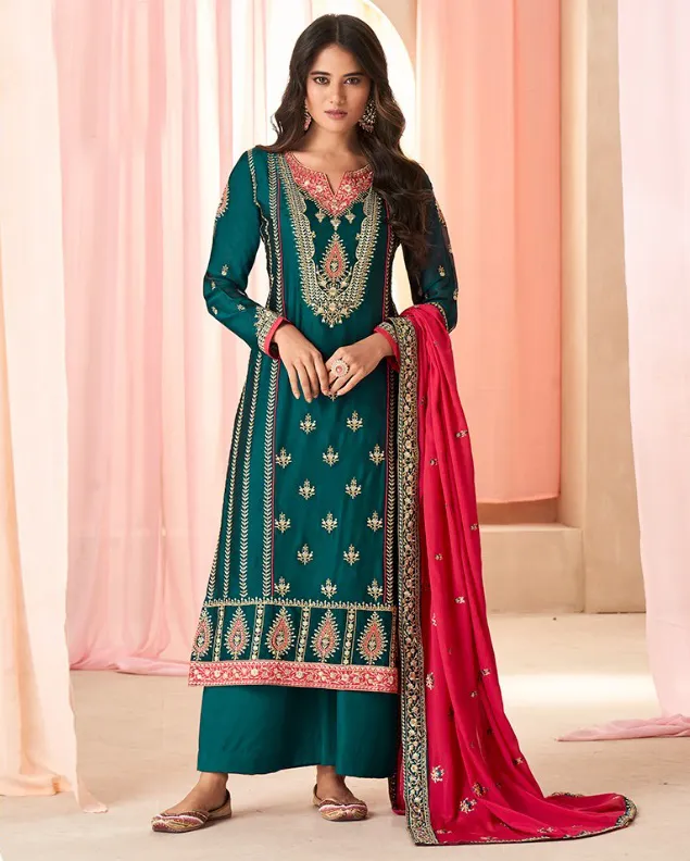 Teal Green Two Tone Catonic Silk Embroidered Readymade Suit
