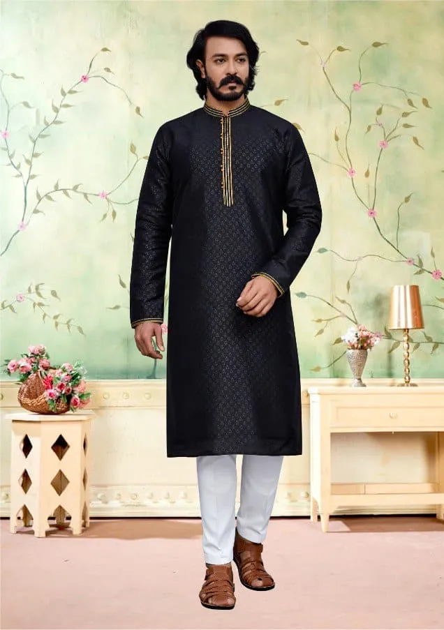Black Jacquard Silk Amboj Work Men's Kurta Pyjama