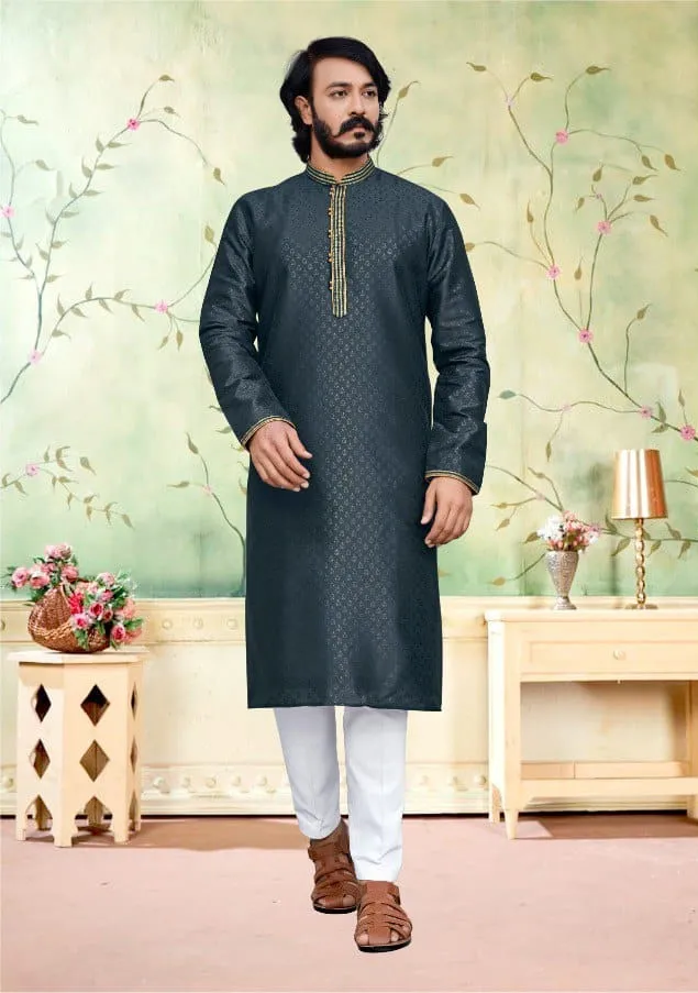 Grey Jacquard Silk Amboj Work Men's Kurta Pyjama