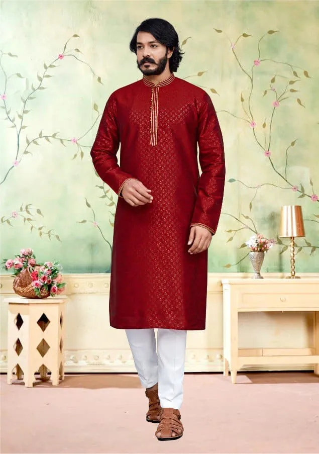 Red Jacquard Silk Amboj Work Men's Kurta Pyjama