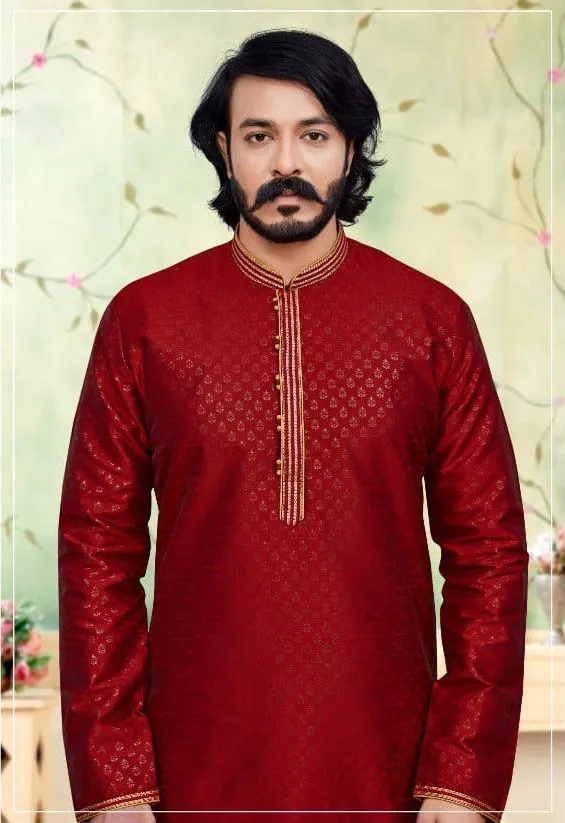Red Jacquard Silk Amboj Work Men's Kurta Pyjama - Image 2