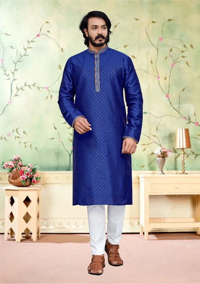 Royal Blue Jacquard Silk Amboj Work Men's Kurta Pyjama