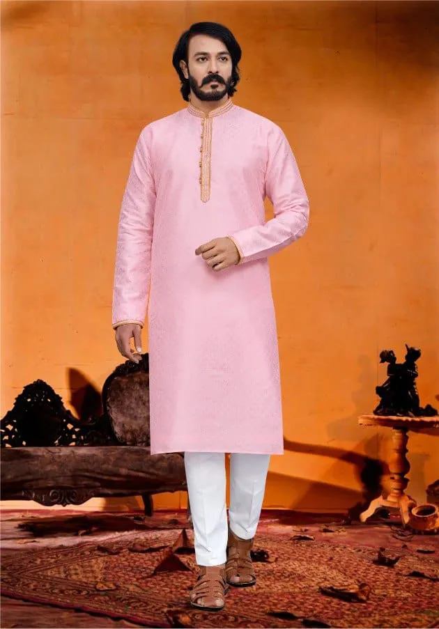 Pink Jacquard Silk Amboj Work Men's Kurta Pyjama