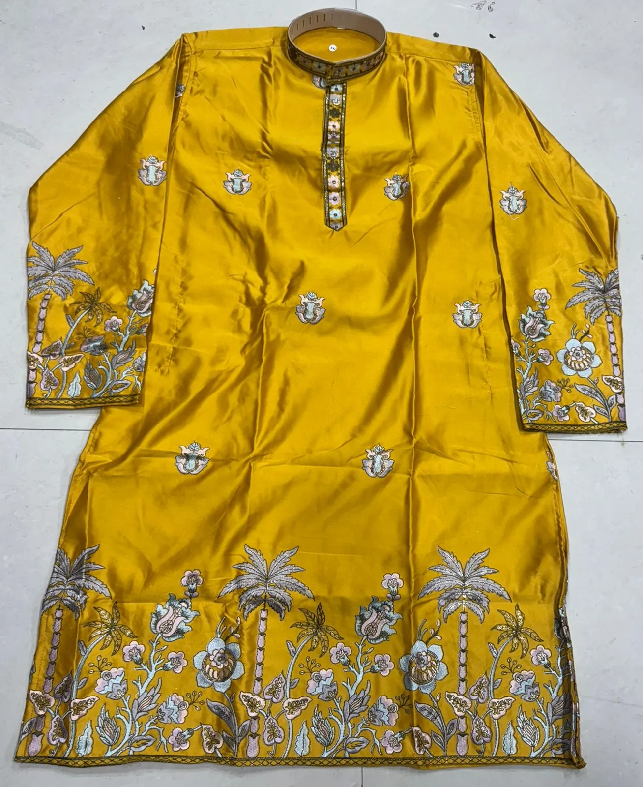 Yellow Malai Silk Embroidered Men's Kurta Set - Image 2