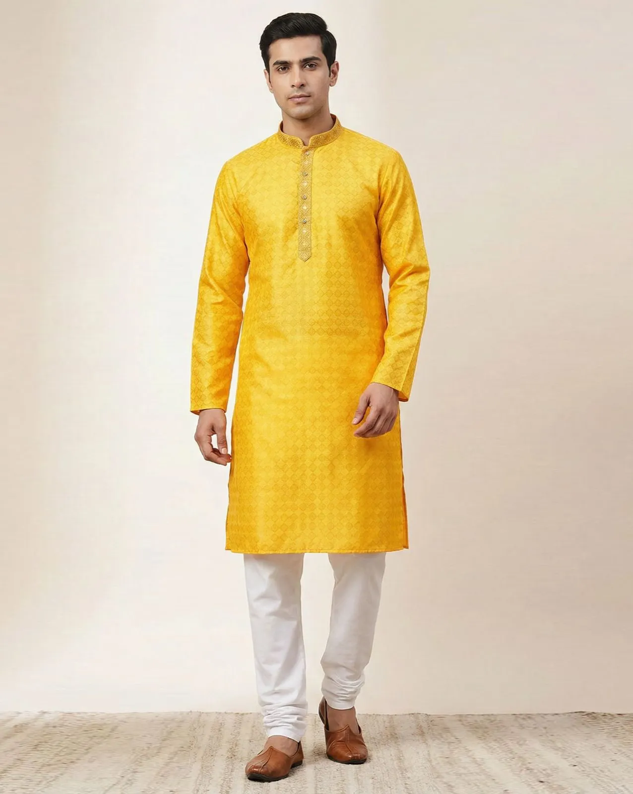 Yellow Heavy Jacquard Silk Self Design Men's Kurta Set