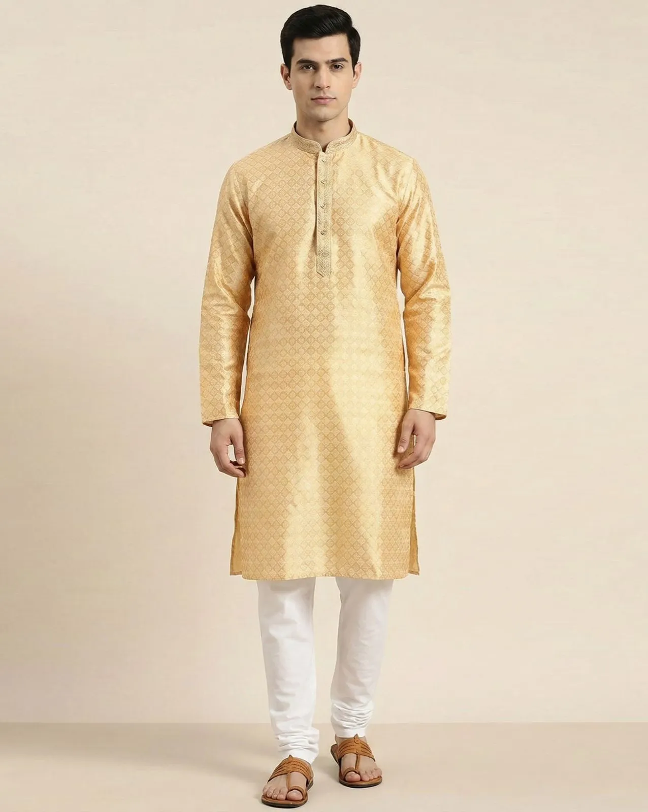 Cream Heavy Jacquard Silk Self Design Men's Kurta Set