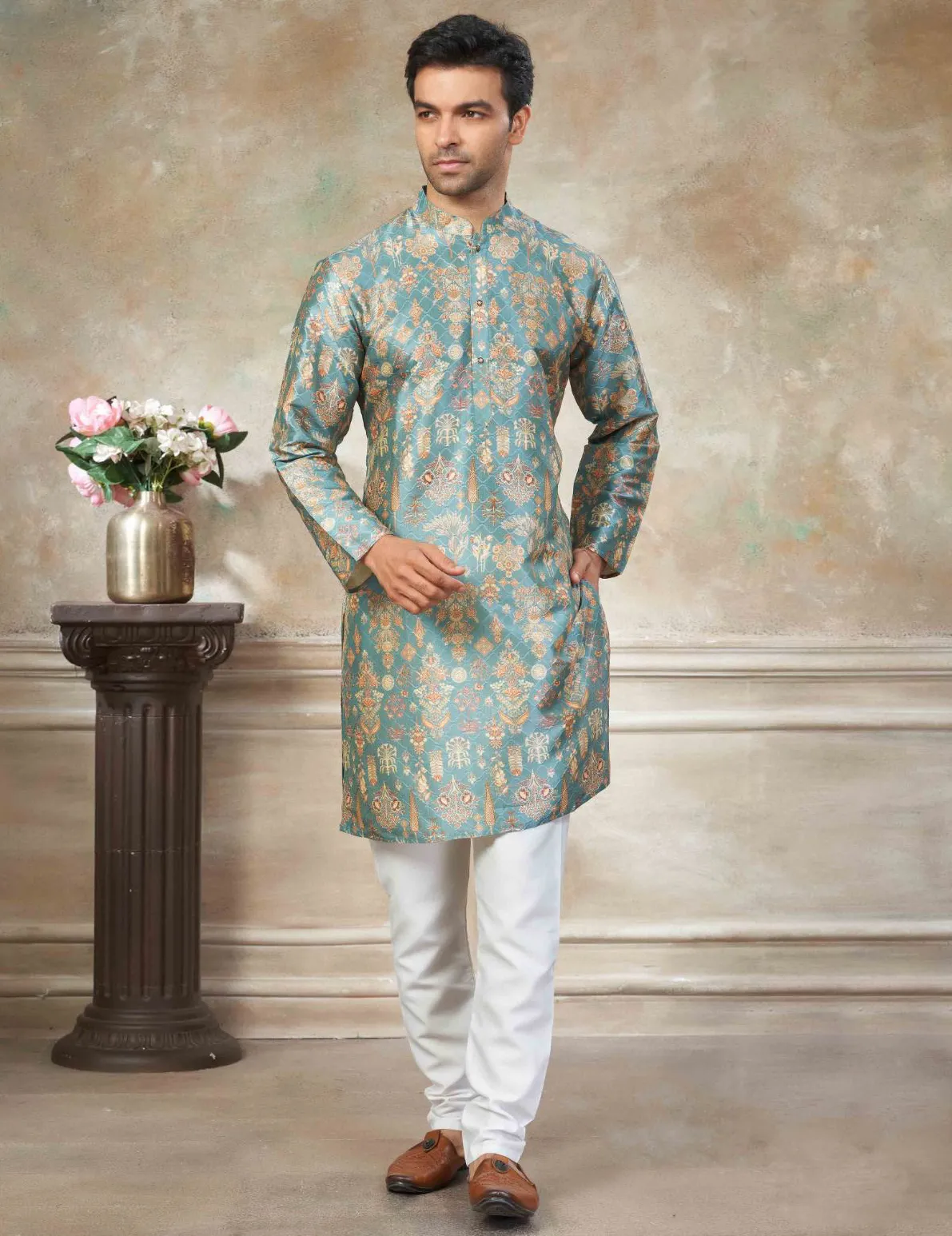 Sky Blue Premium Silk Digital Printed Men's Kurta Set