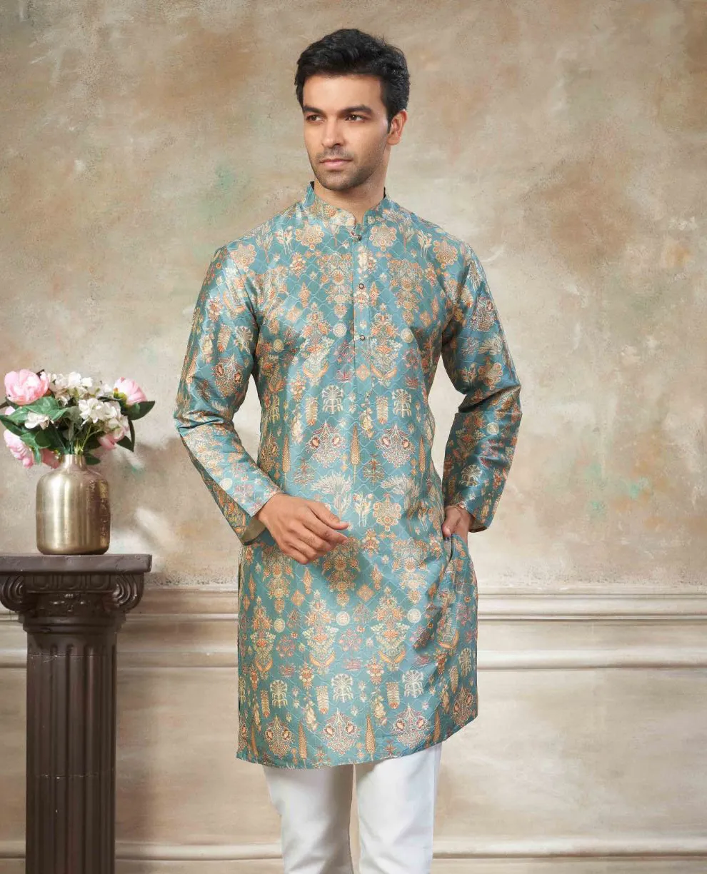 Sky Blue Premium Silk Digital Printed Men's Kurta Set - Image 2