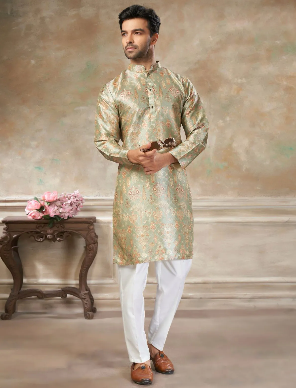 Mint Green Premium Silk Digital Printed Men's Kurta Set