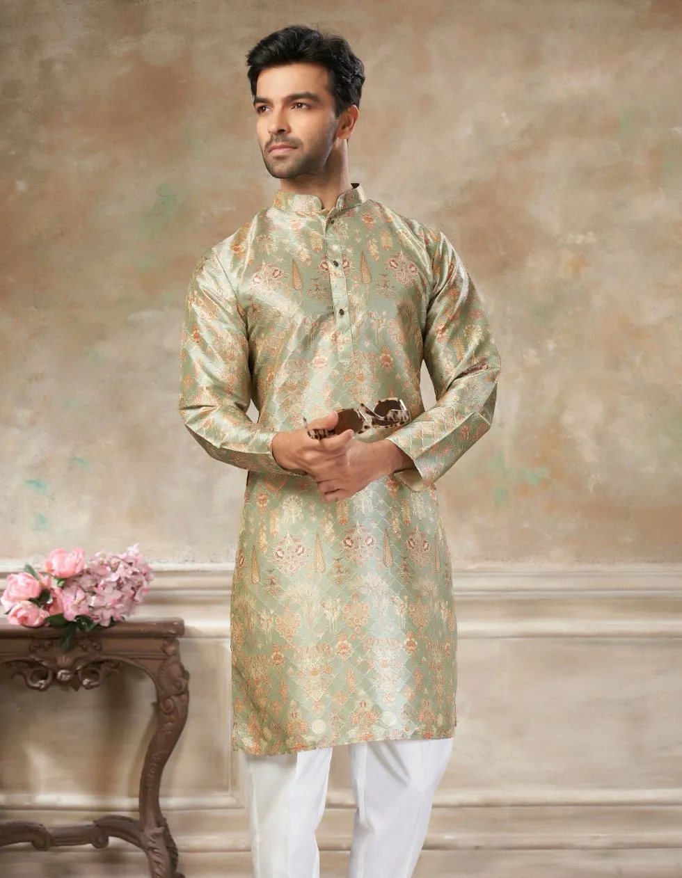Mint Green Premium Silk Digital Printed Men's Kurta Set - Image 2