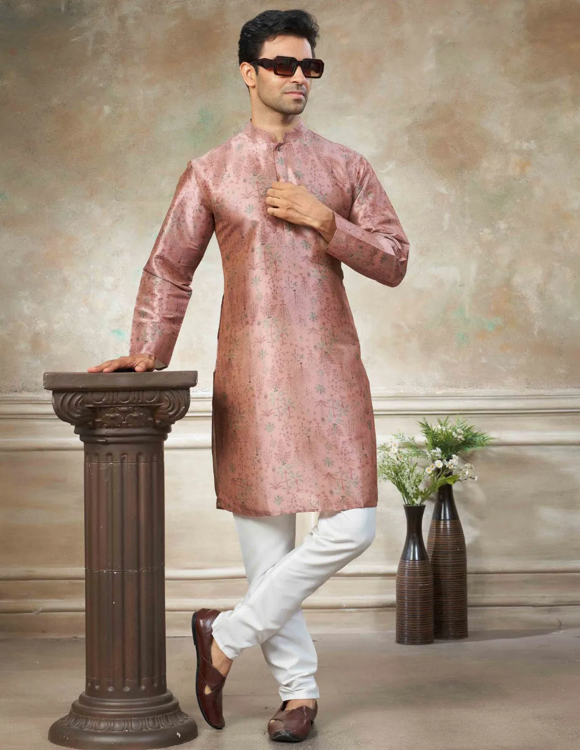 Peach Premium Silk Digital Printed Men's Kurta Set
