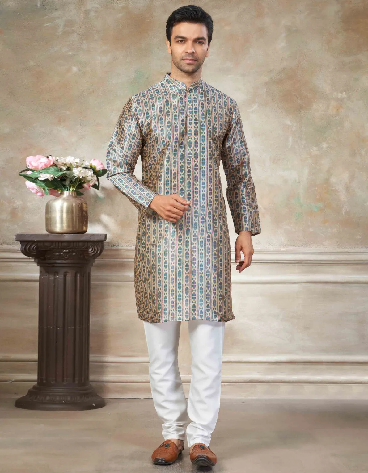 Beige Premium Silk Digital Printed Men's Kurta Set