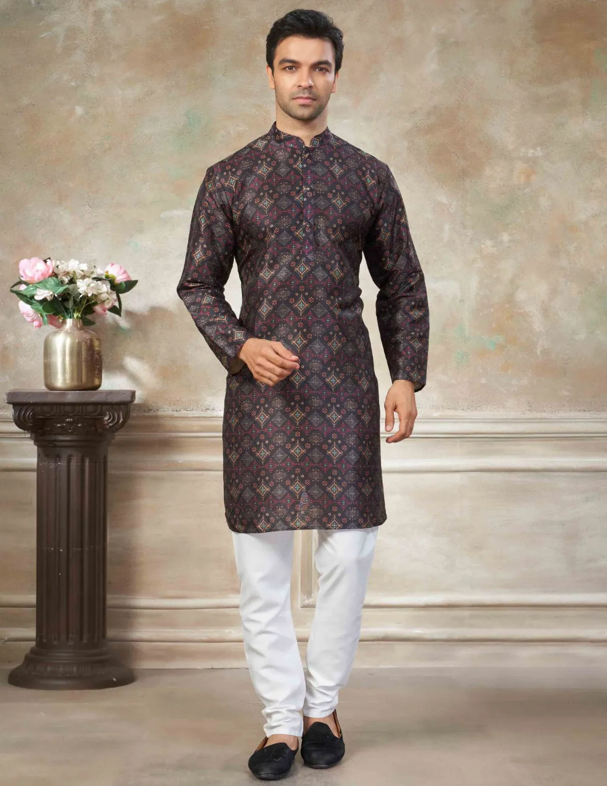 Wine Premium Silk Digital Printed Men's Kurta Set