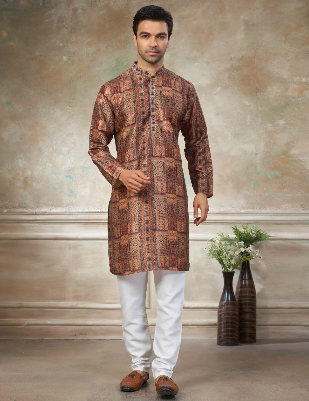 Brown Premium Silk Digital Printed Men's Kurta Set