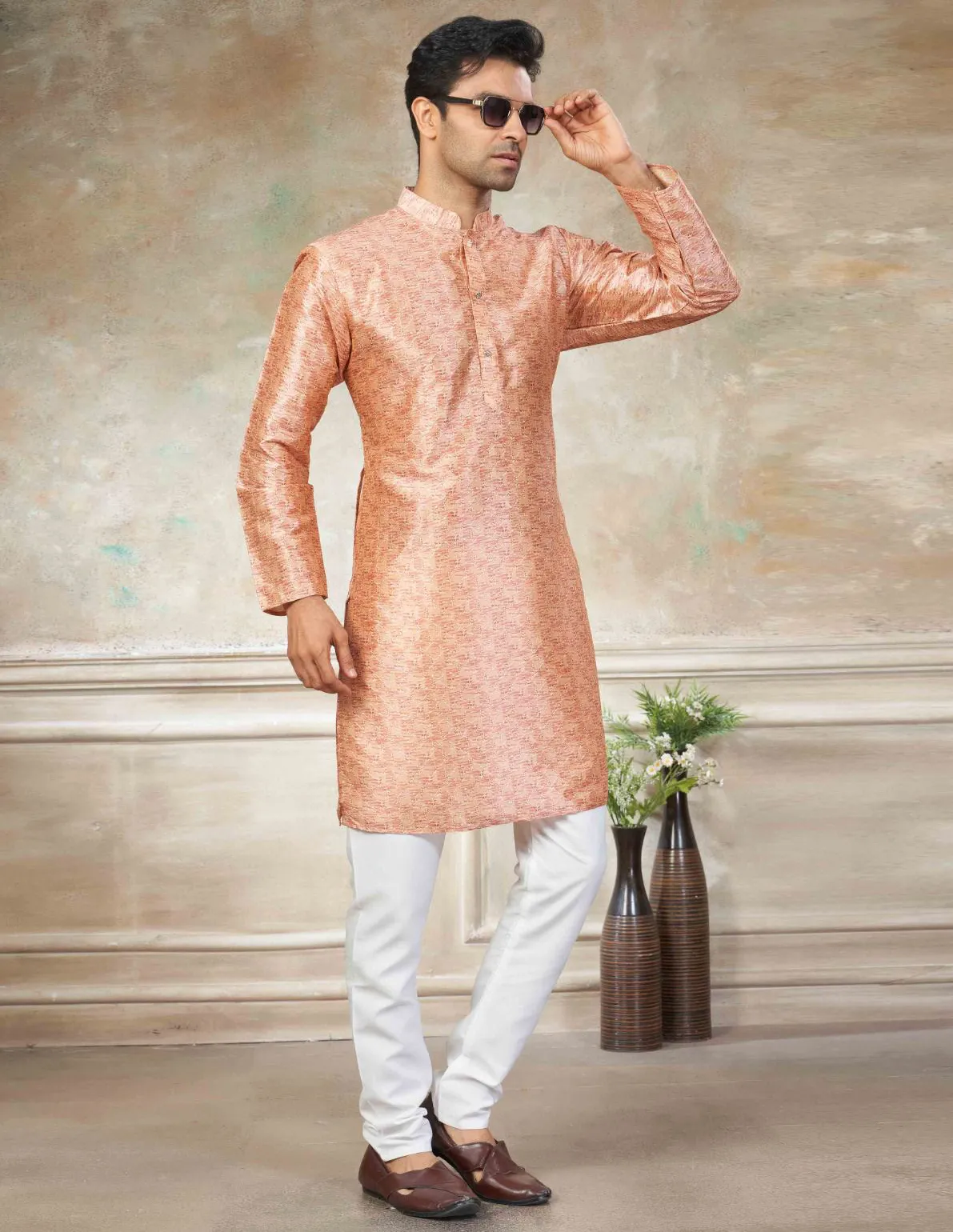 Peach Premium Silk Digital Printed Men's Kurta Set