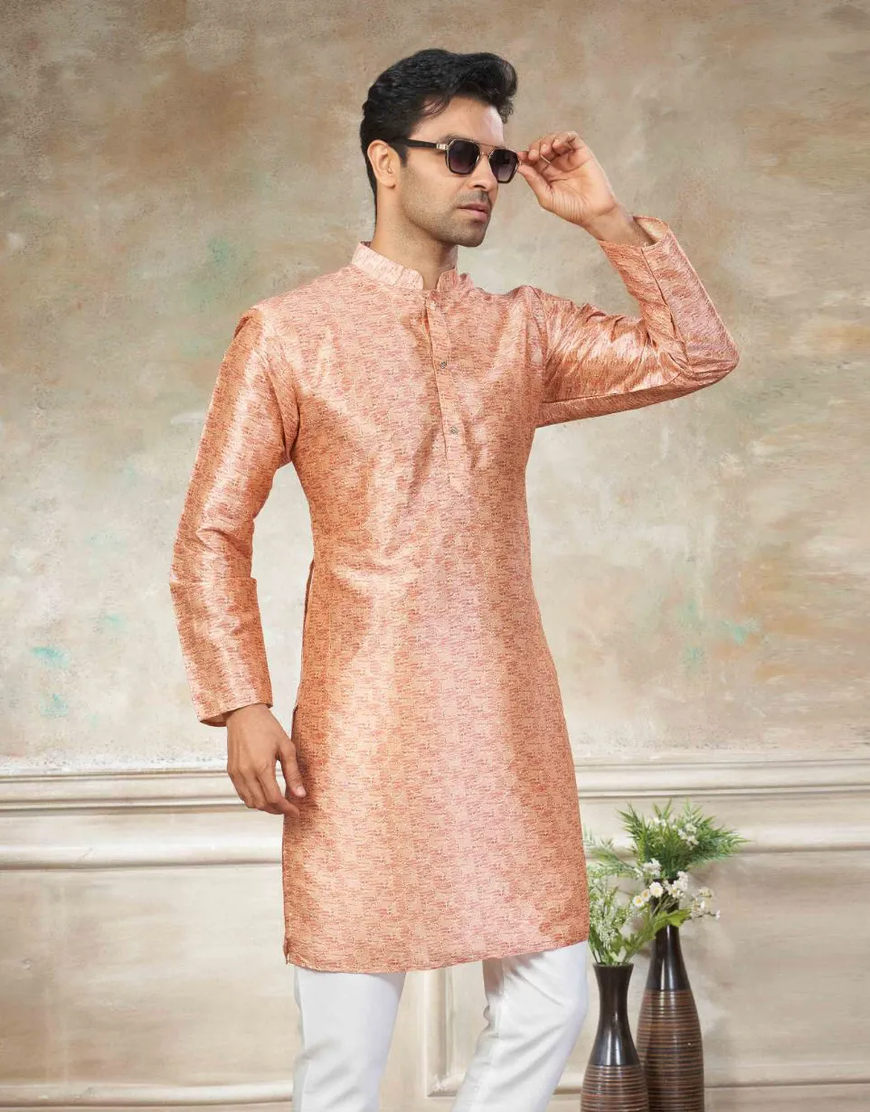 Peach Premium Silk Digital Printed Men's Kurta Set - Image 2