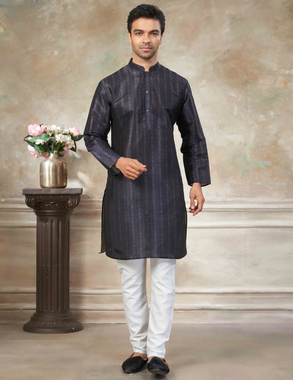 Navy Blue Premium Silk Digital Printed Men's Kurta Set