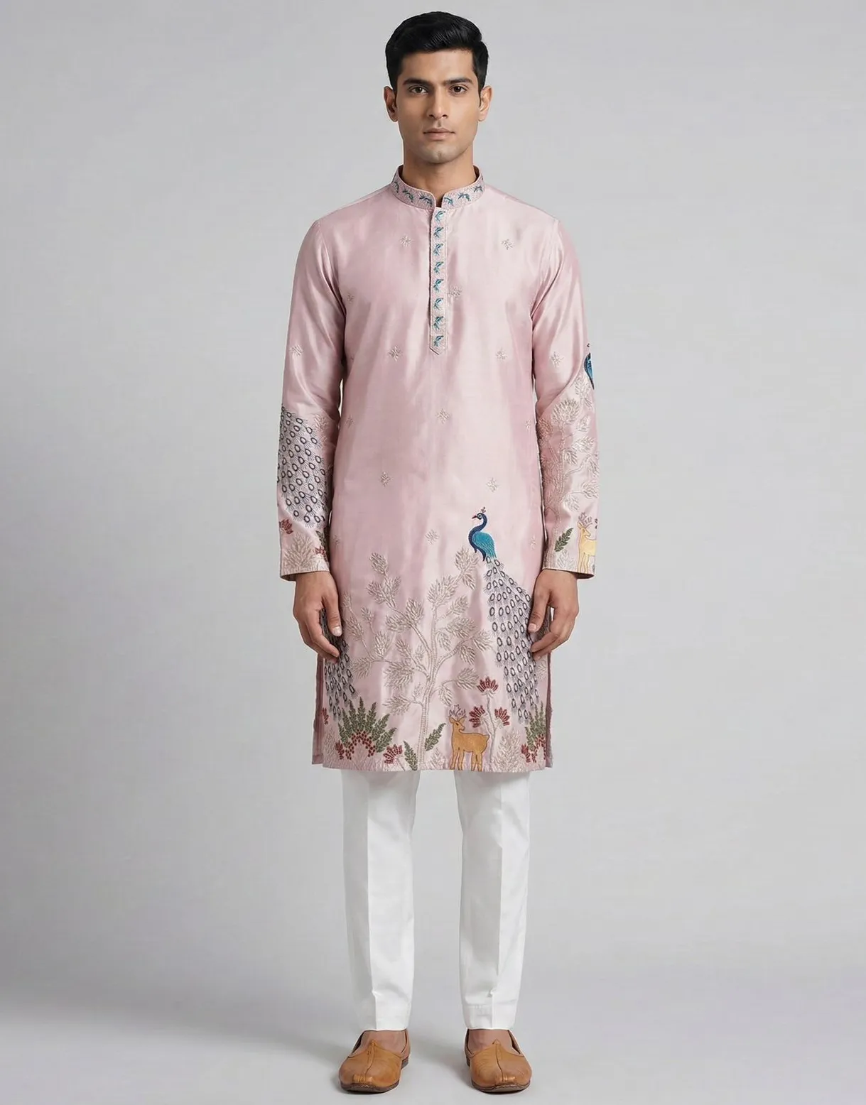 Light Pink Malai Silk Embroidered Men's Kurta Pyjama