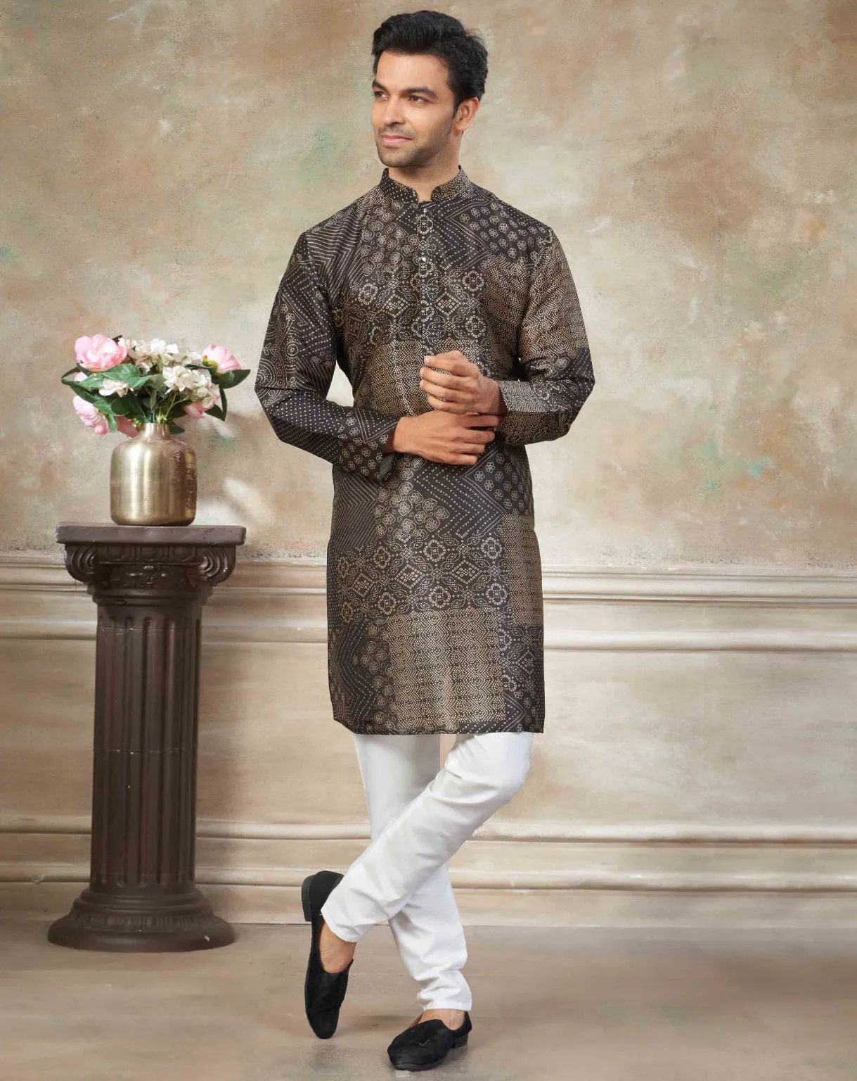 Brown Premium Silk Digital Printed Men's Kurta Set
