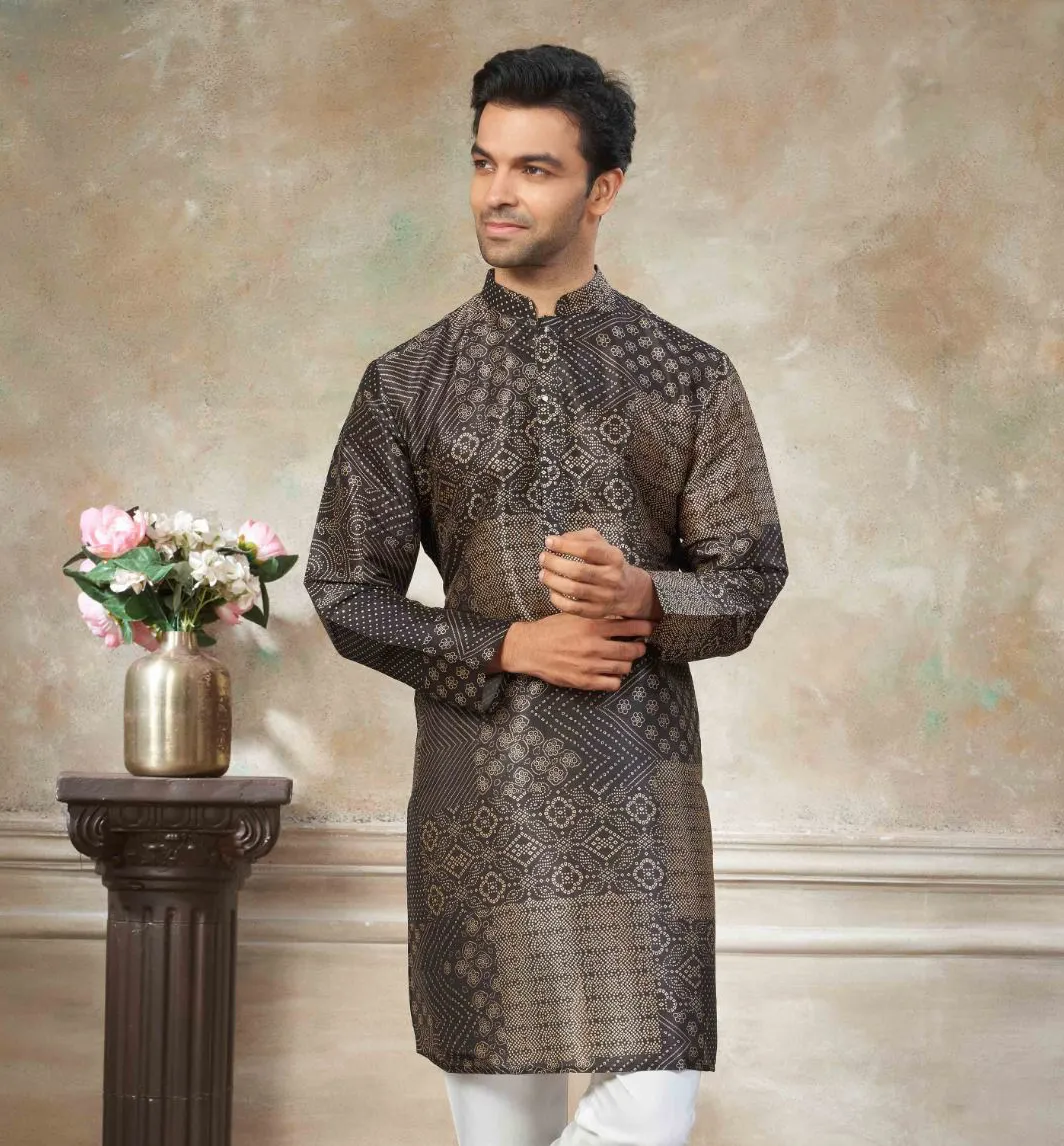 Brown Premium Silk Digital Printed Men's Kurta Set - Image 2