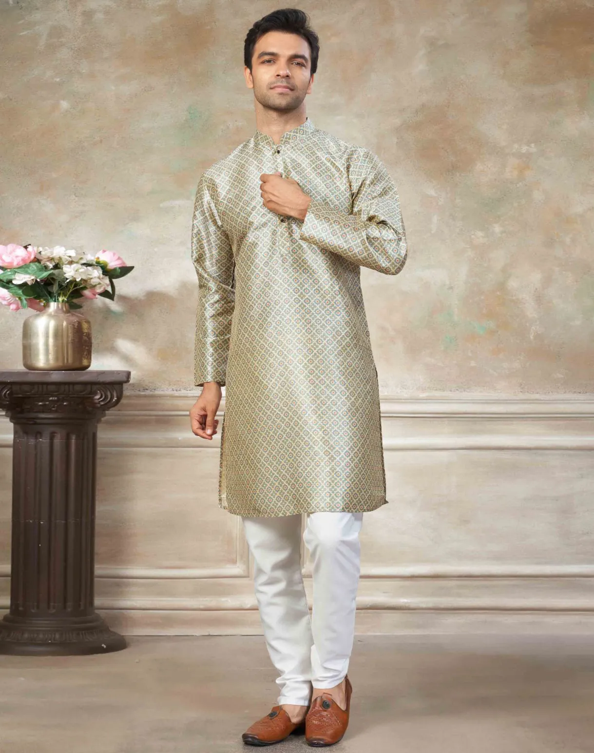 Beige Premium Silk Digital Printed Men's Kurta Set
