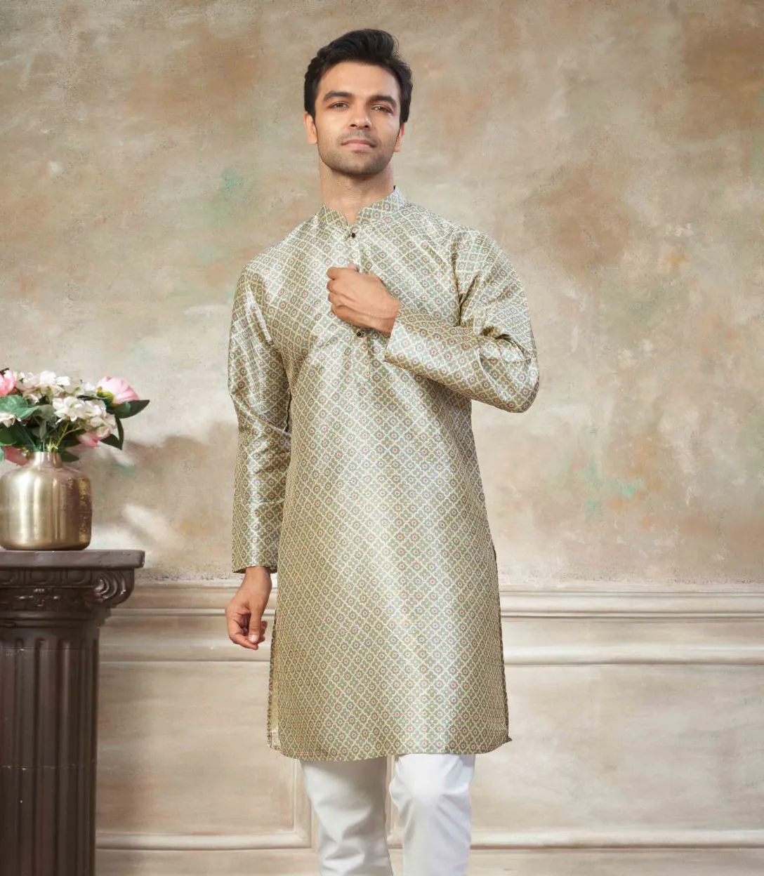 Beige Premium Silk Digital Printed Men's Kurta Set - Image 2
