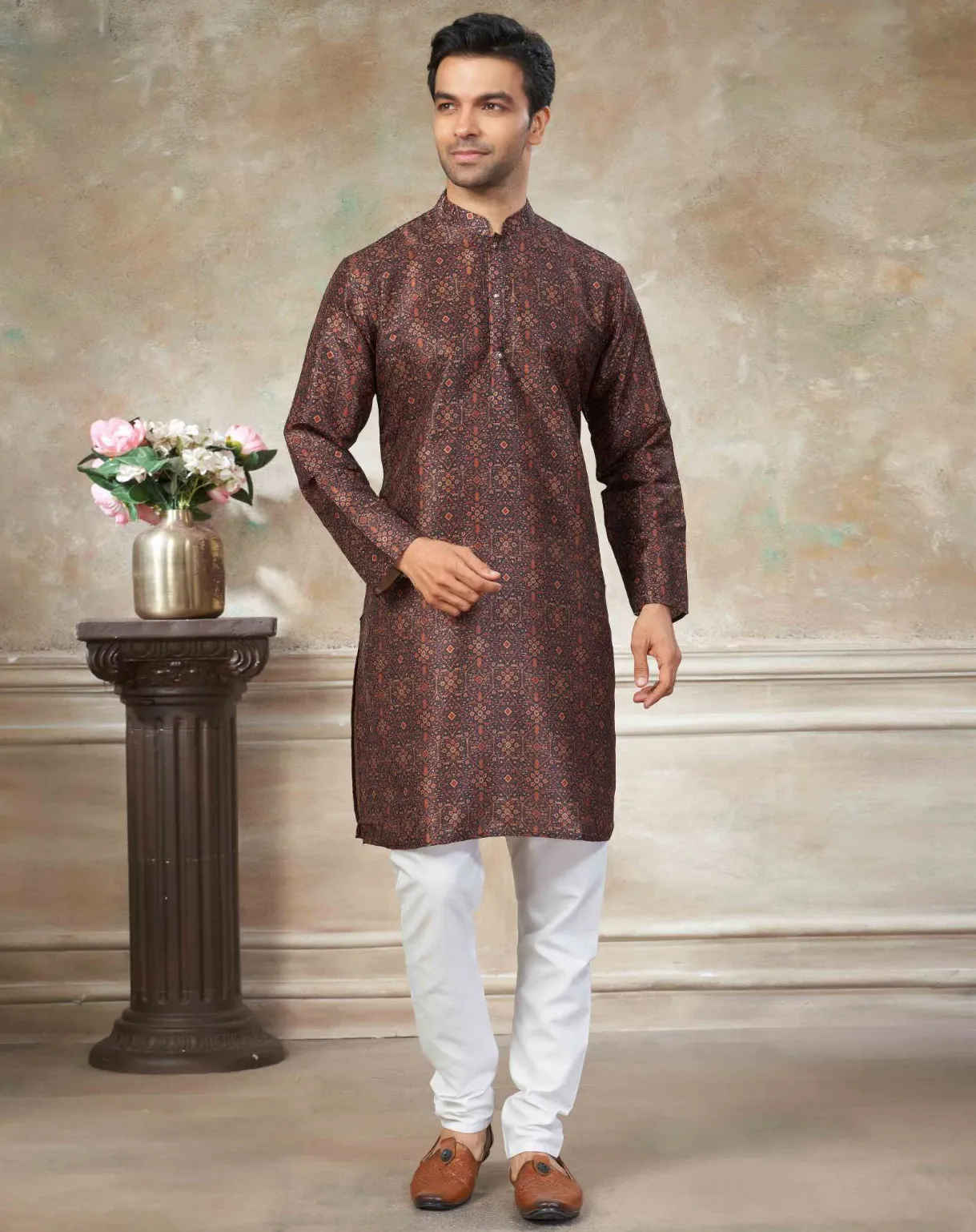 Brown Premium Silk Digital Printed Men's Kurta Set