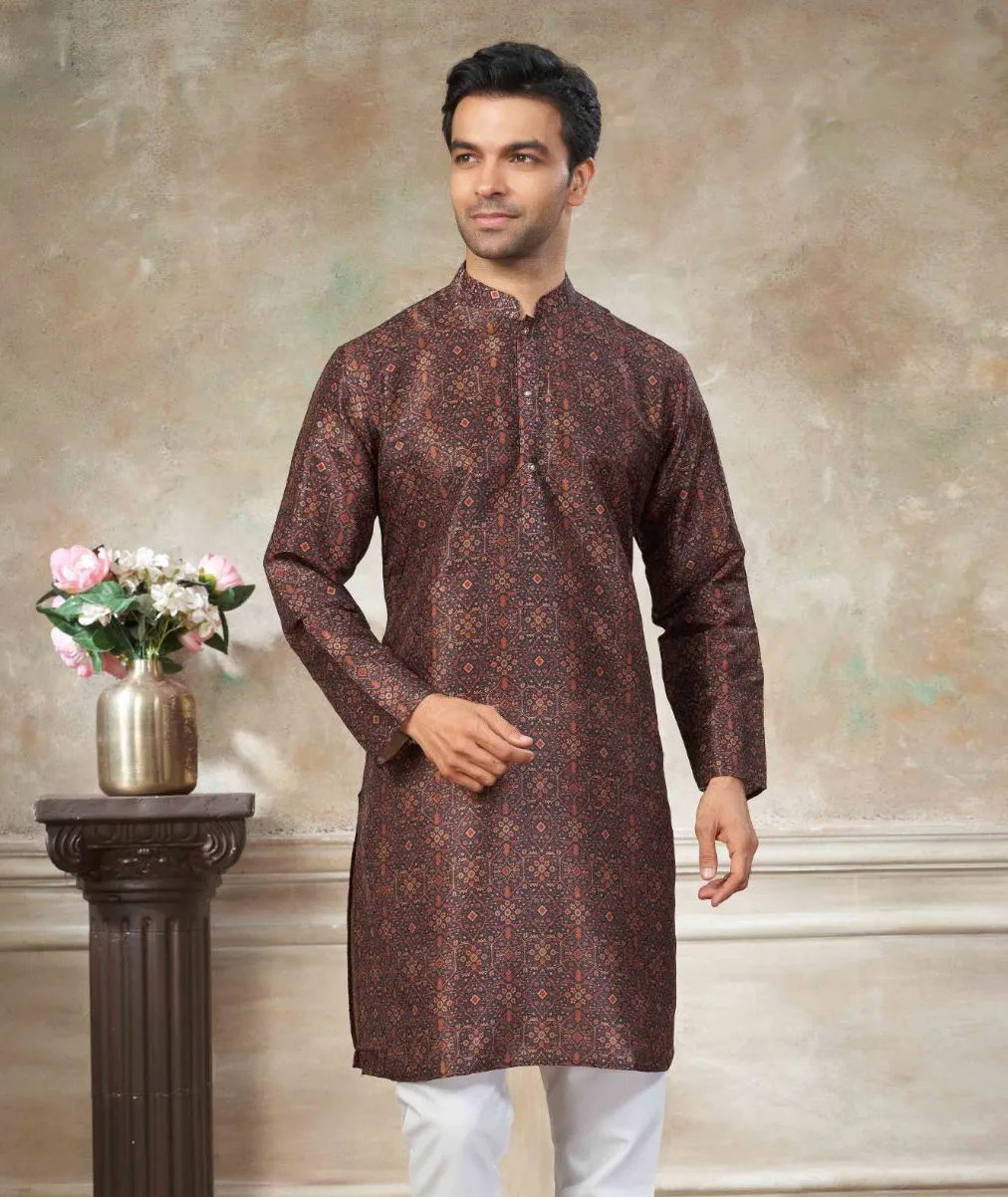 Brown Premium Silk Digital Printed Men's Kurta Set - Image 2