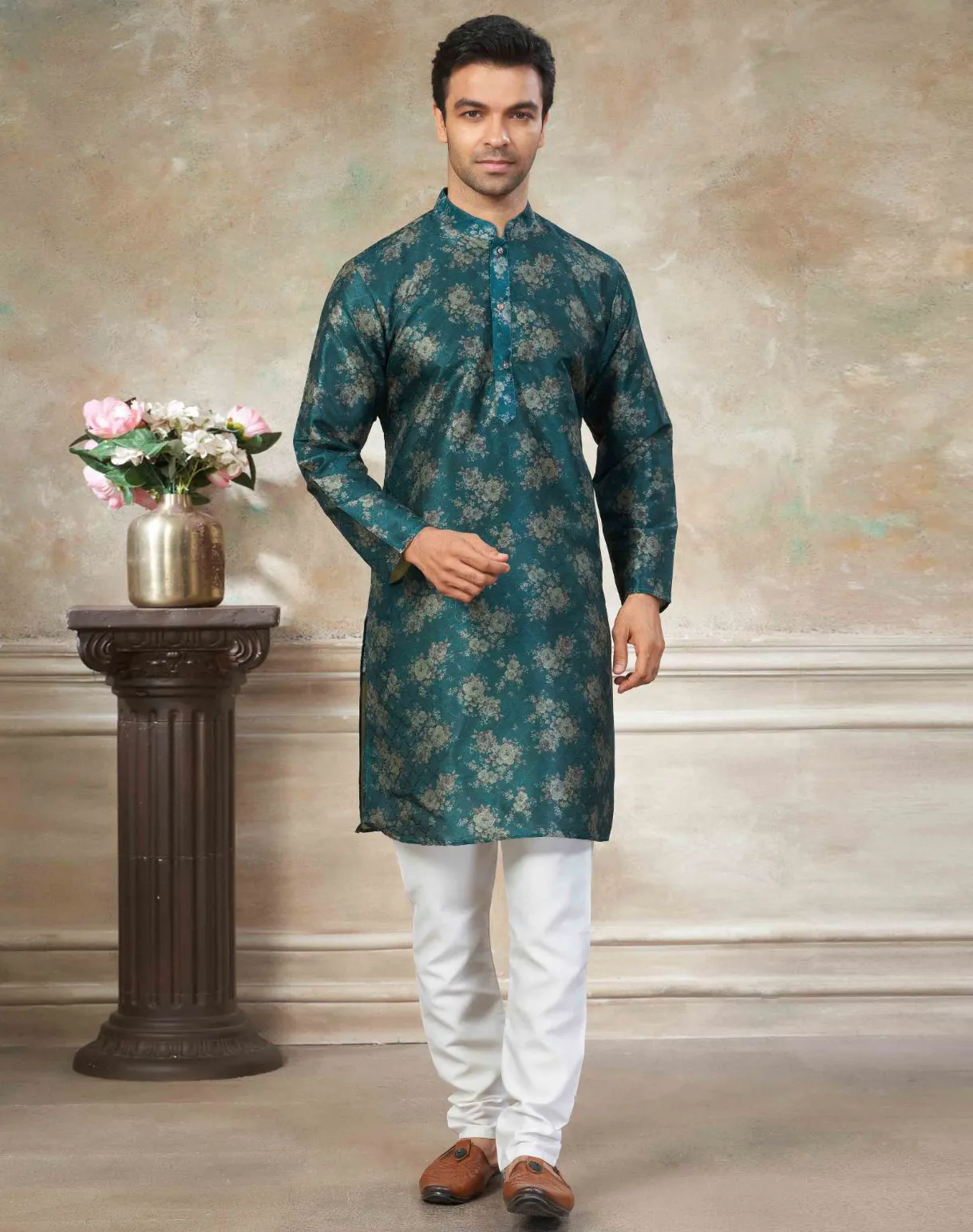 Teal Blue Premium Silk Digital Printed Men's Kurta Set