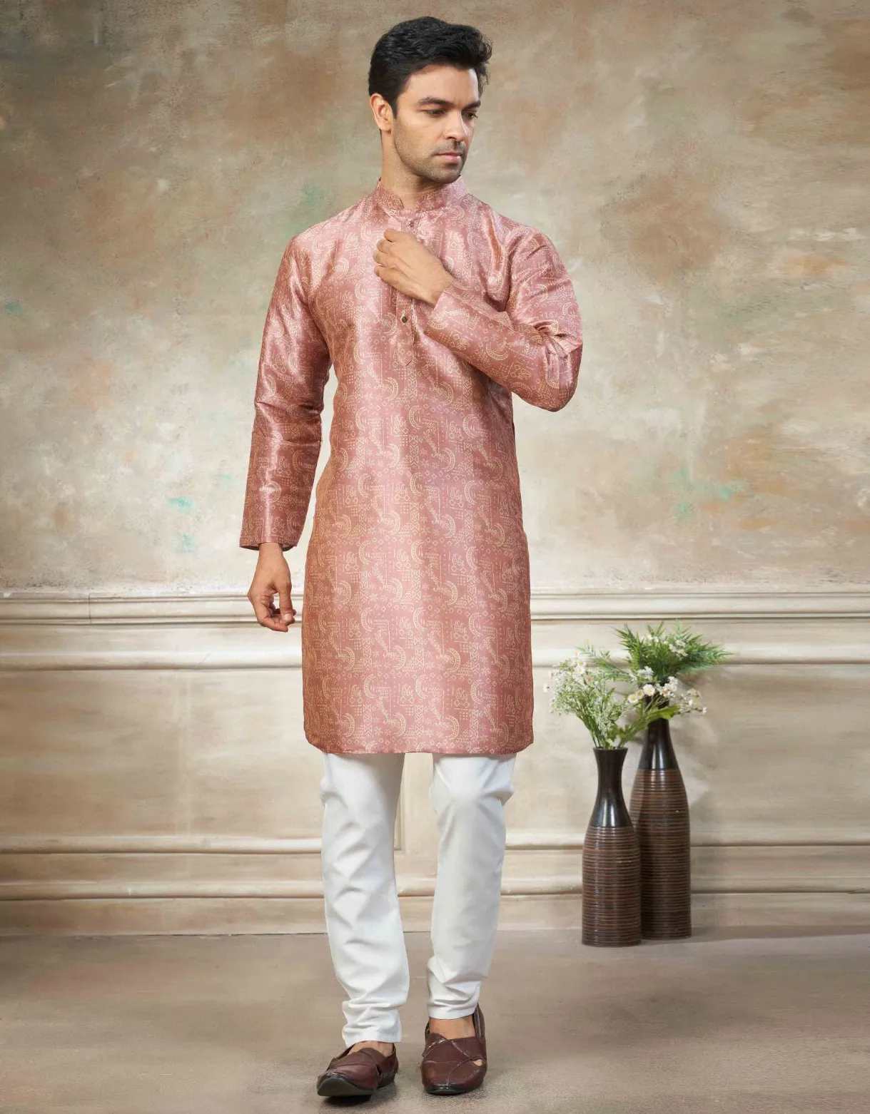 Peach Premium Silk Digital Printed Men's Kurta Set