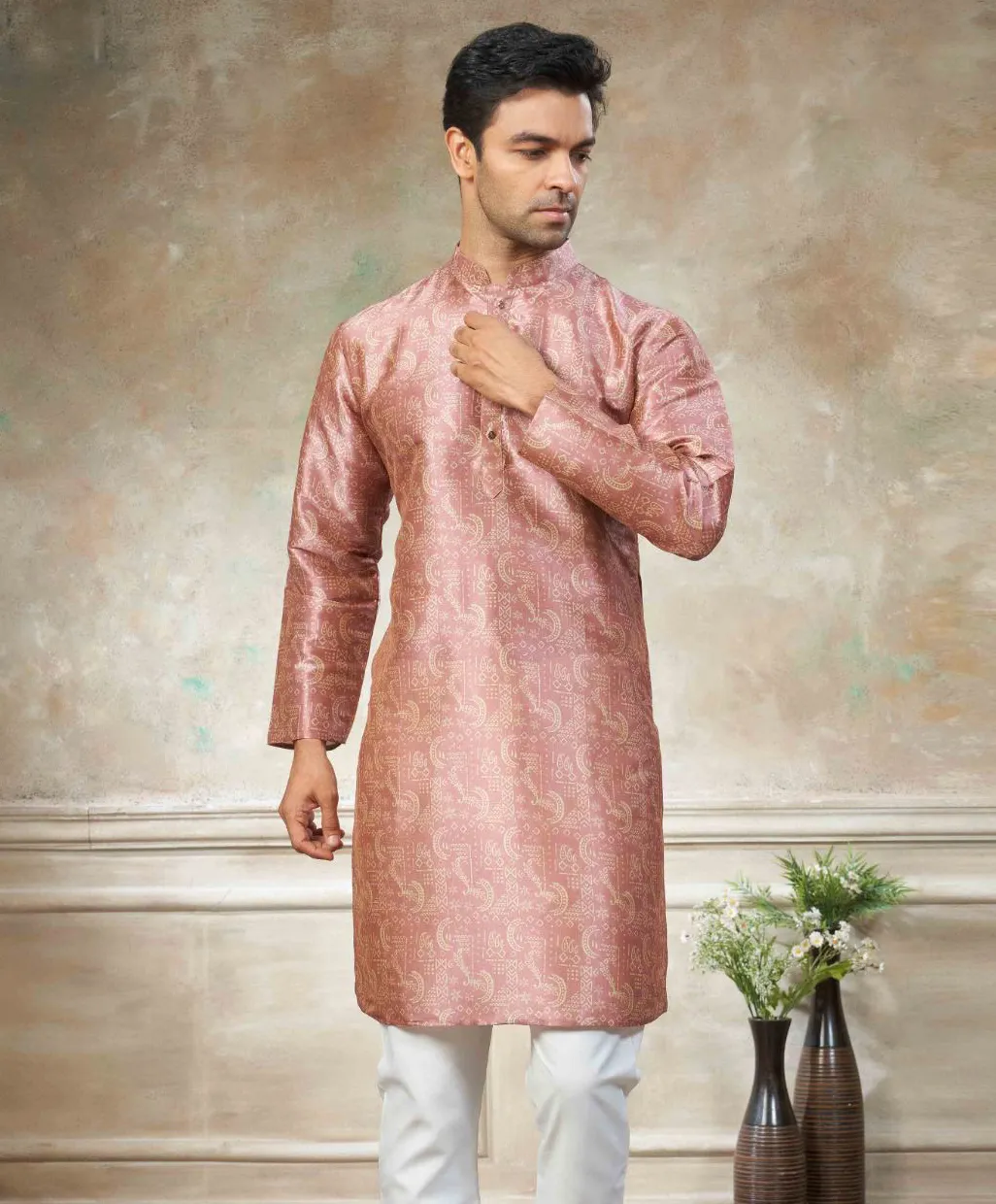 Peach Premium Silk Digital Printed Men's Kurta Set - Image 2