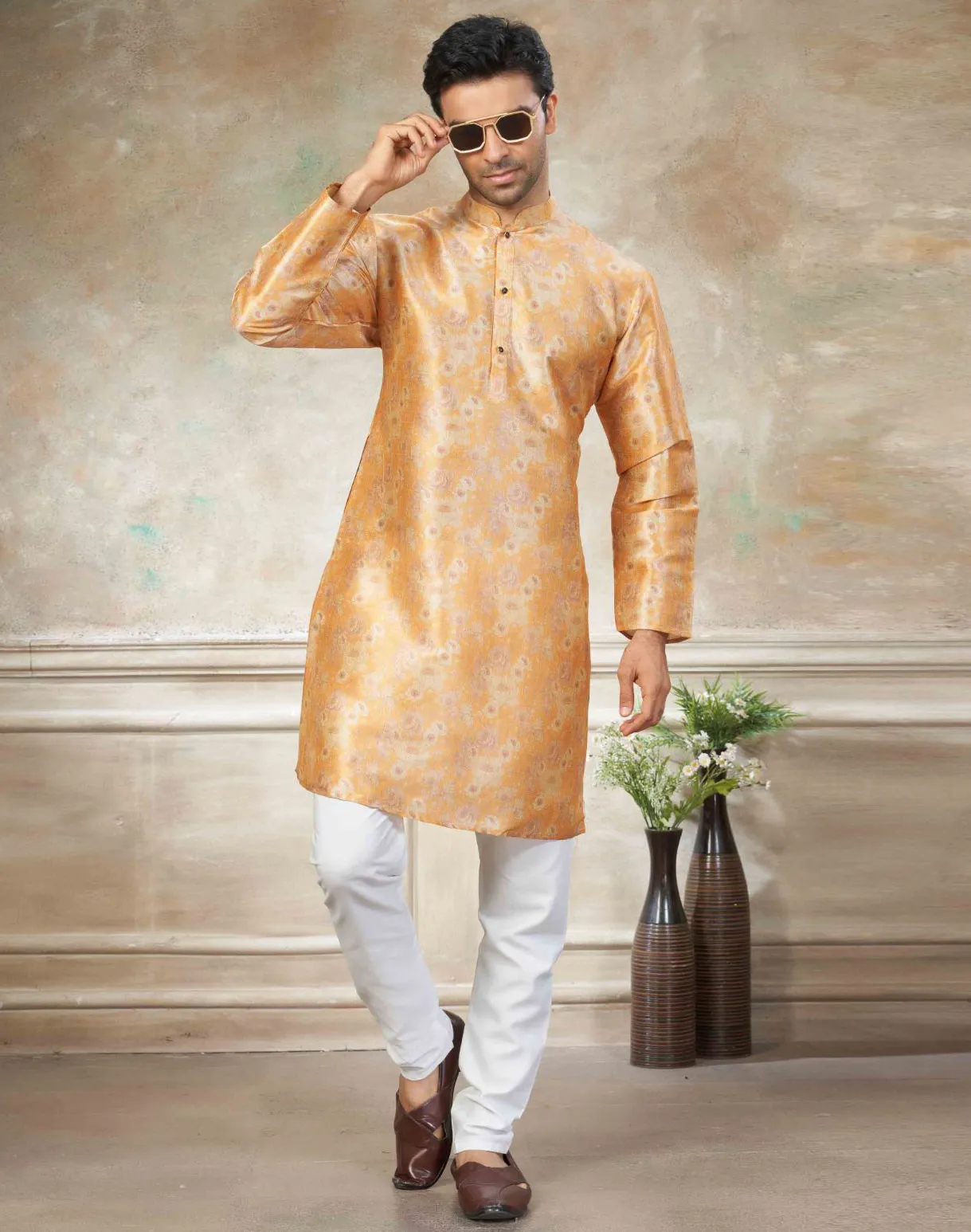 Yellow Premium Silk Digital Printed Men's Kurta Set