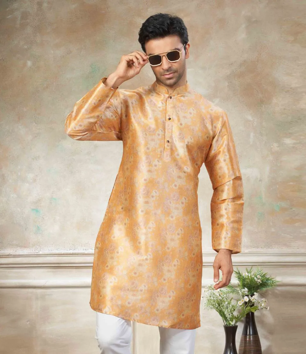 Yellow Premium Silk Digital Printed Men's Kurta Set - Image 2