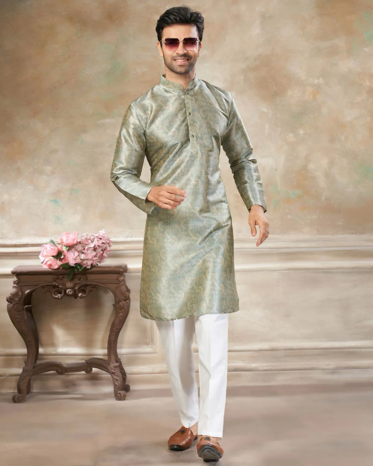 Grey Premium Silk Digital Printed Men's Kurta Set