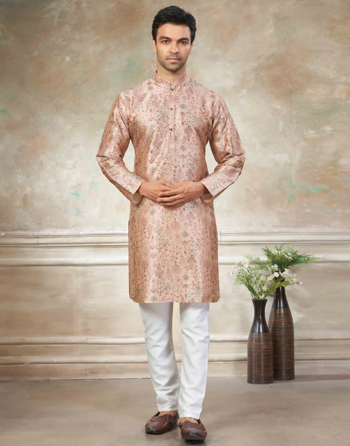 Peach Premium Silk Digital Printed Men's Kurta Set