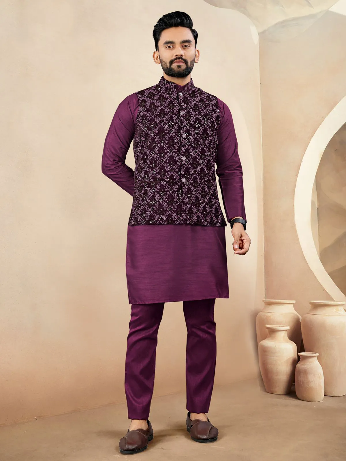 Wine Silk Kurta Pyjama With Velvet Koti Set