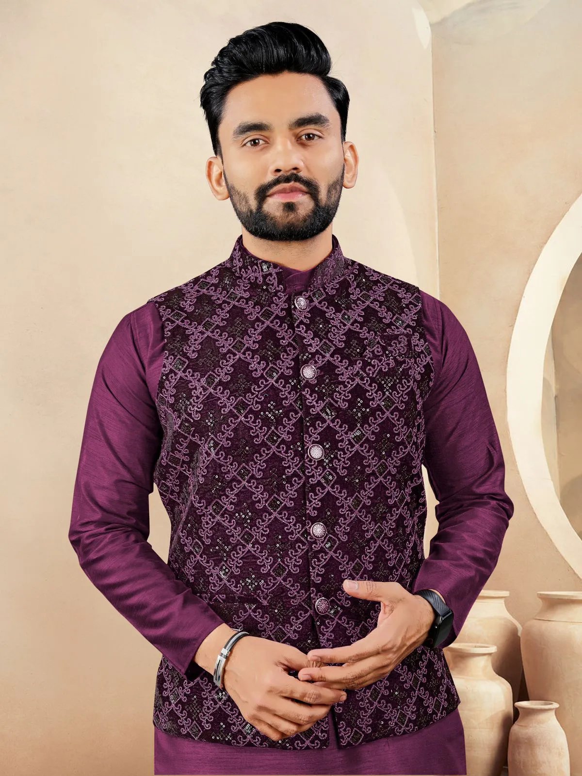 Wine Silk Kurta Pyjama With Velvet Koti Set - Image 2