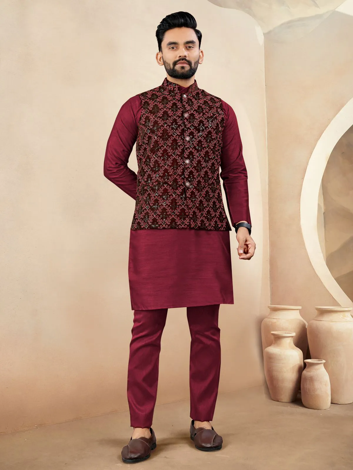 Red Silk Kurta Pyjama With Velvet Koti Set