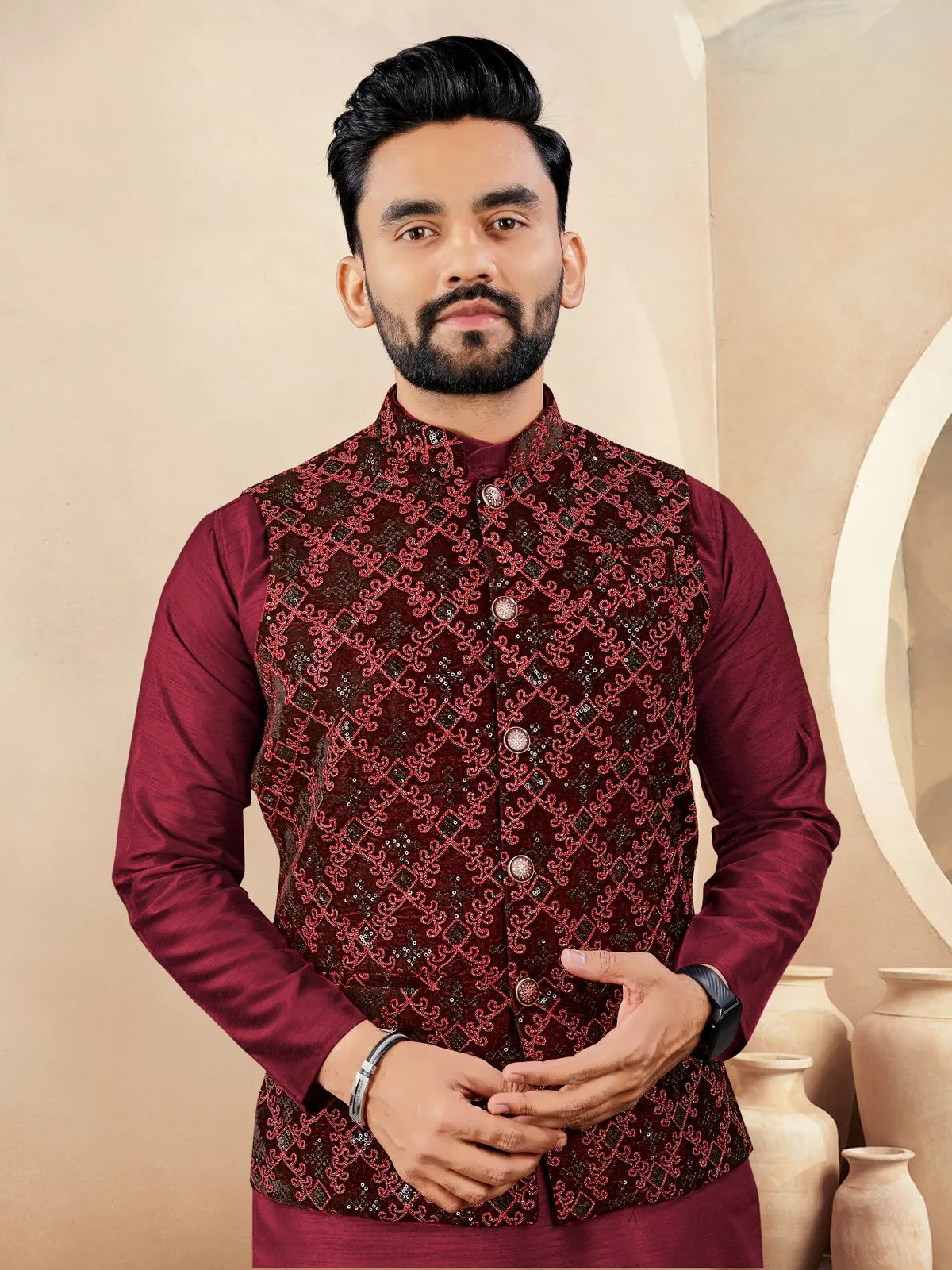Red Silk Kurta Pyjama With Velvet Koti Set - Image 2