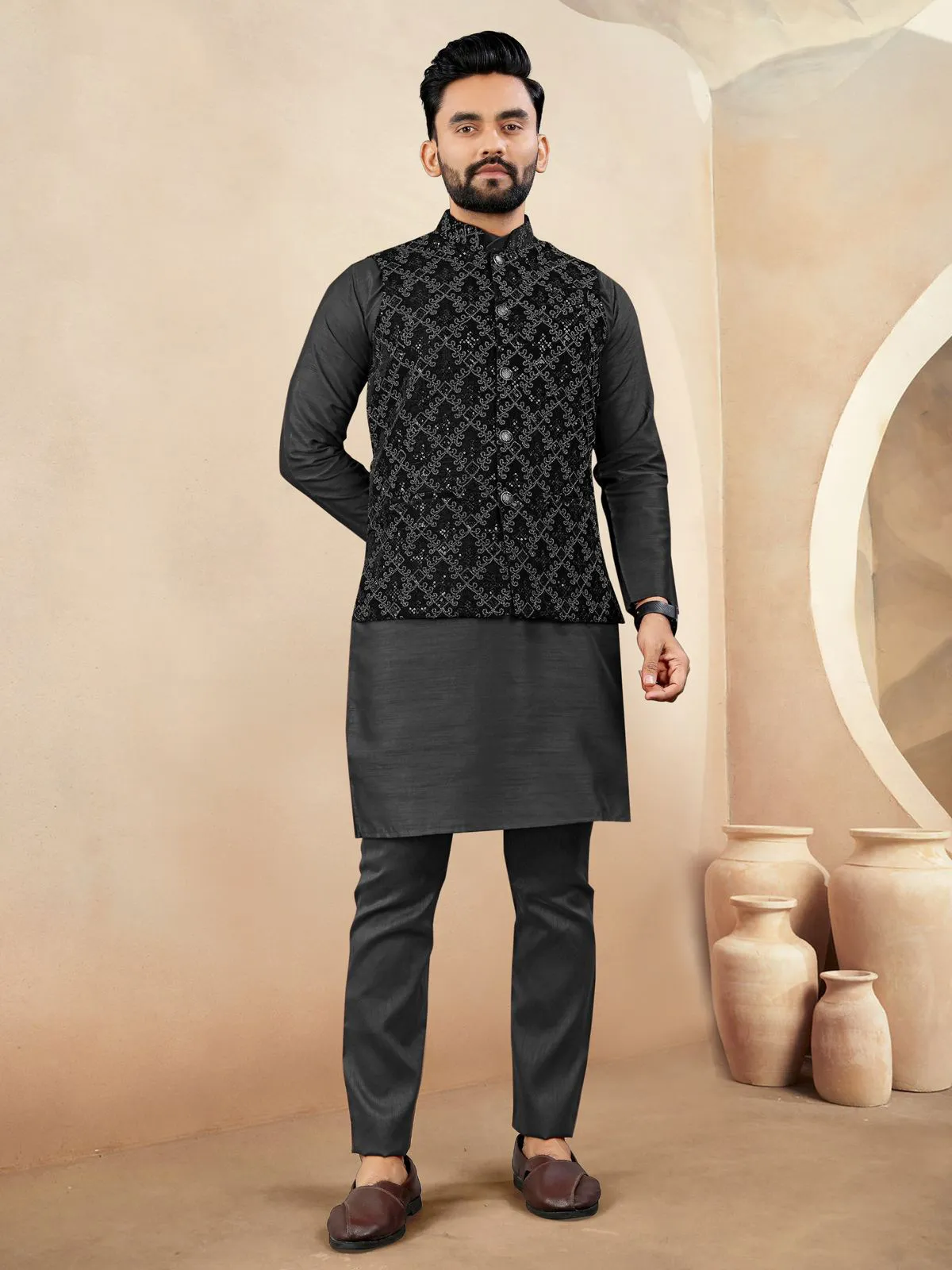 Black Silk Kurta Pyjama With Velvet Koti Set
